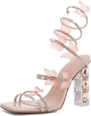 Womens Lace Up Sandals Square Open Toe Chunky High Heels Rhinestone Strappy High Block Heel Sandals Sparkly Dress Party Wedding Shoes