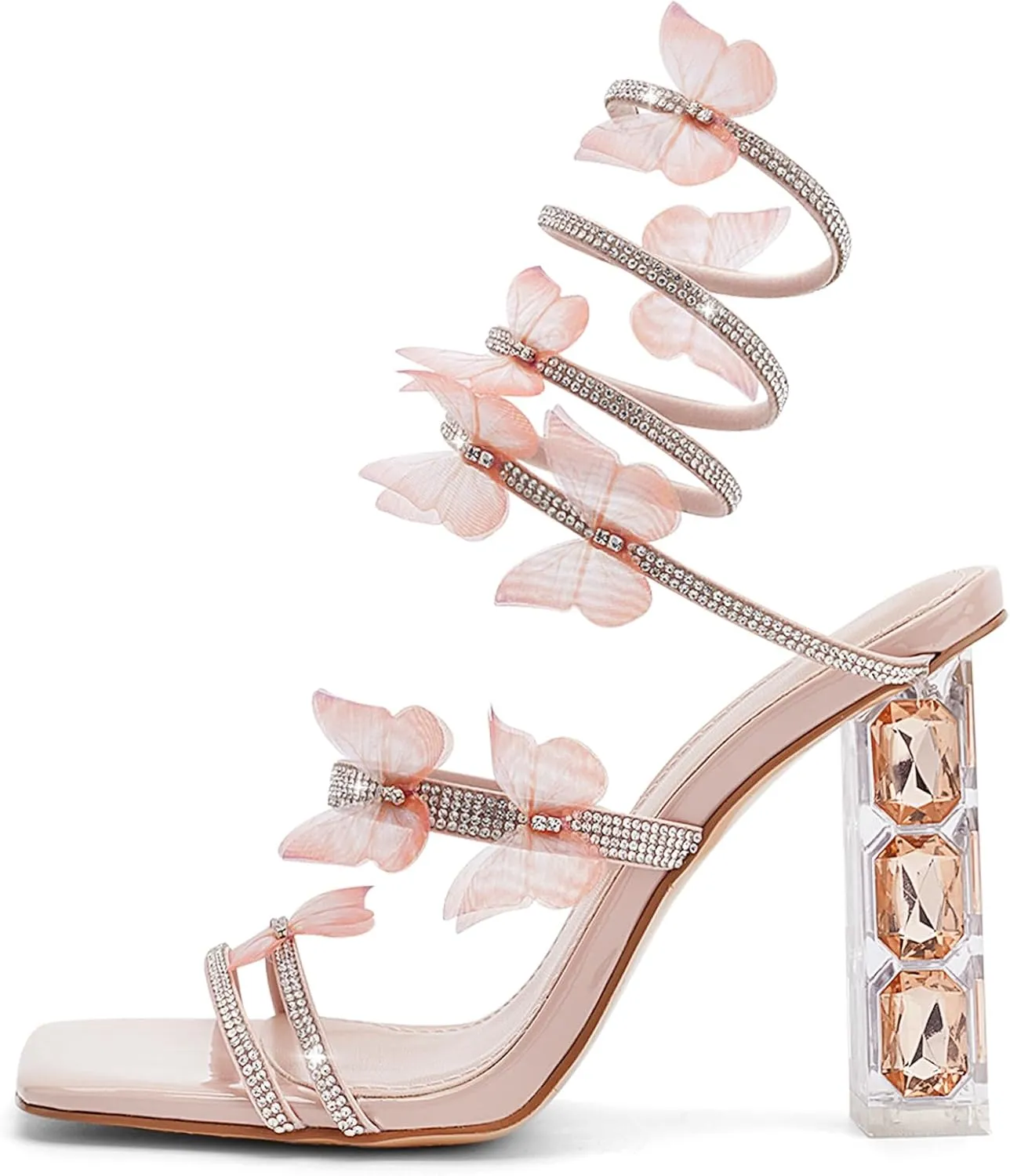 Womens Lace Up Sandals Square Open Toe Chunky High Heels Rhinestone Strappy High Block Heel Sandals Sparkly Dress Party Wedding Shoes