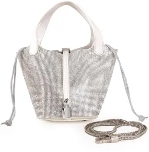 Women's Leather Bucket Bag Sparkling Rhinestone Leather Handbag Lock Design Top-handle Purses Shoulder Handbag