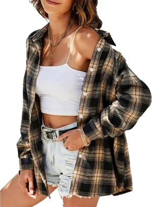 Women's Lightweight Flannel Plaid Button Down Shirts Oversized Long Sleeve Shacket Jacket Tops