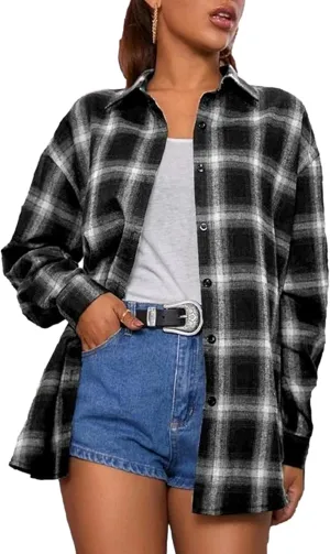 Women's Lightweight Flannel Plaid Button Down Shirts Oversized Long Sleeve Shacket Jacket Tops