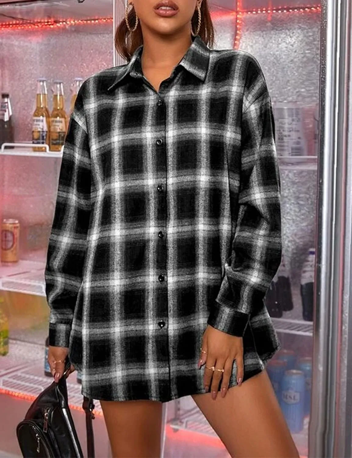 Women's Lightweight Flannel Plaid Button Down Shirts Oversized Long Sleeve Shacket Jacket Tops