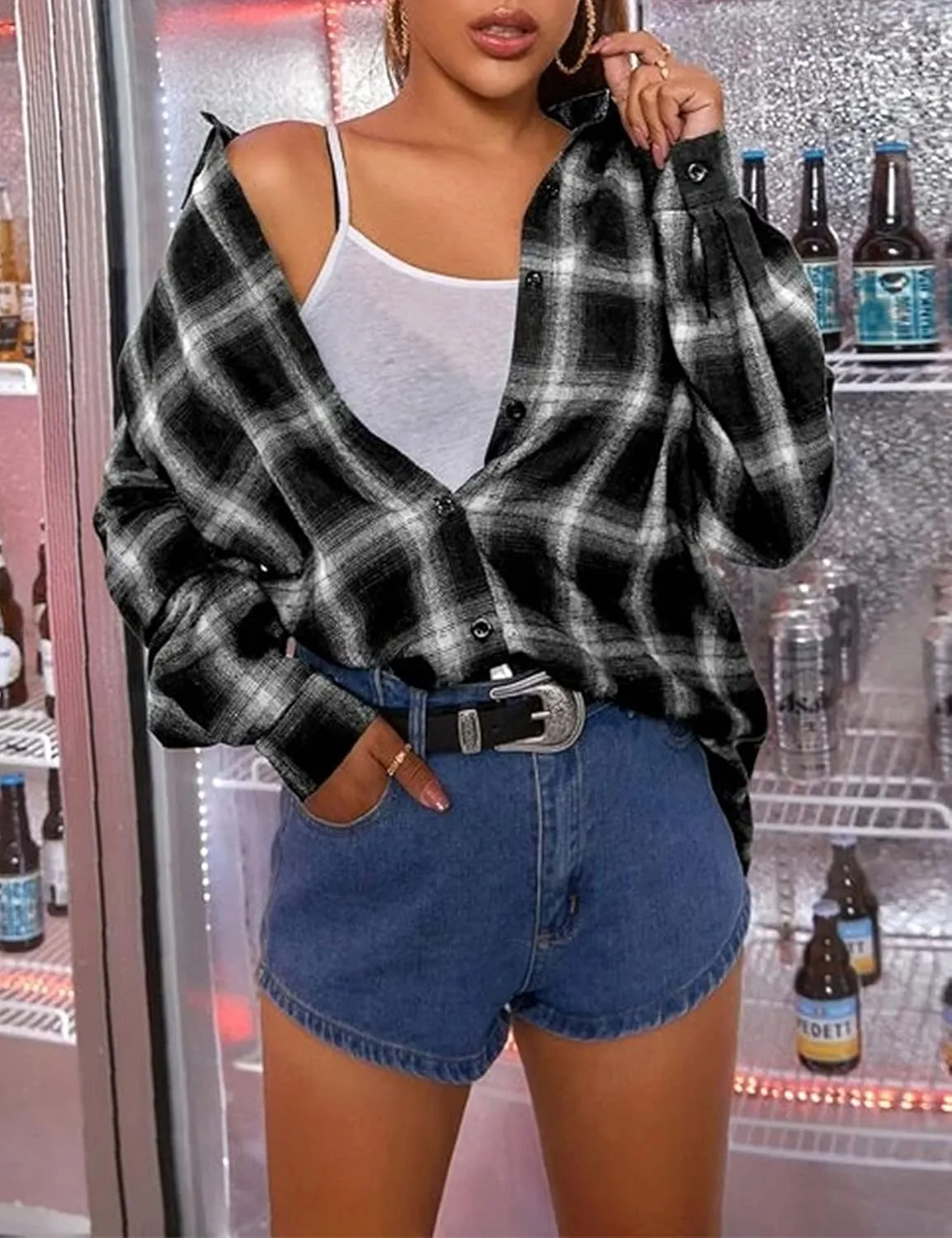 Women's Lightweight Flannel Plaid Button Down Shirts Oversized Long Sleeve Shacket Jacket Tops
