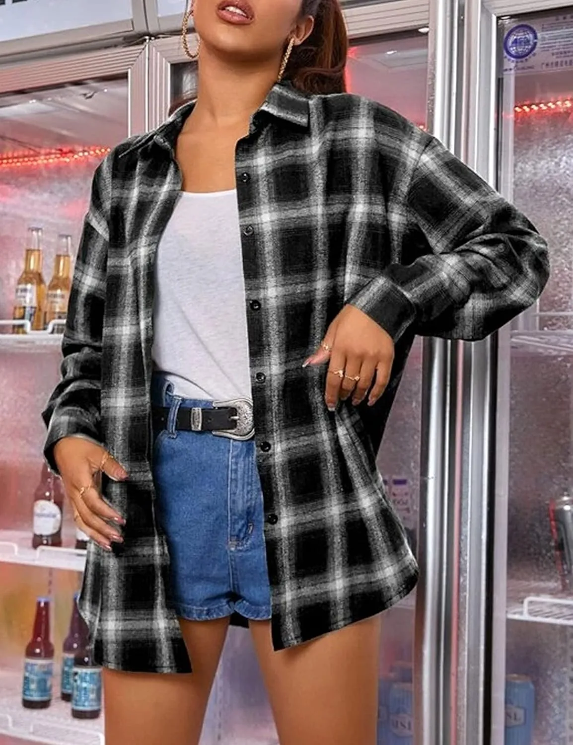 Women's Lightweight Flannel Plaid Button Down Shirts Oversized Long Sleeve Shacket Jacket Tops