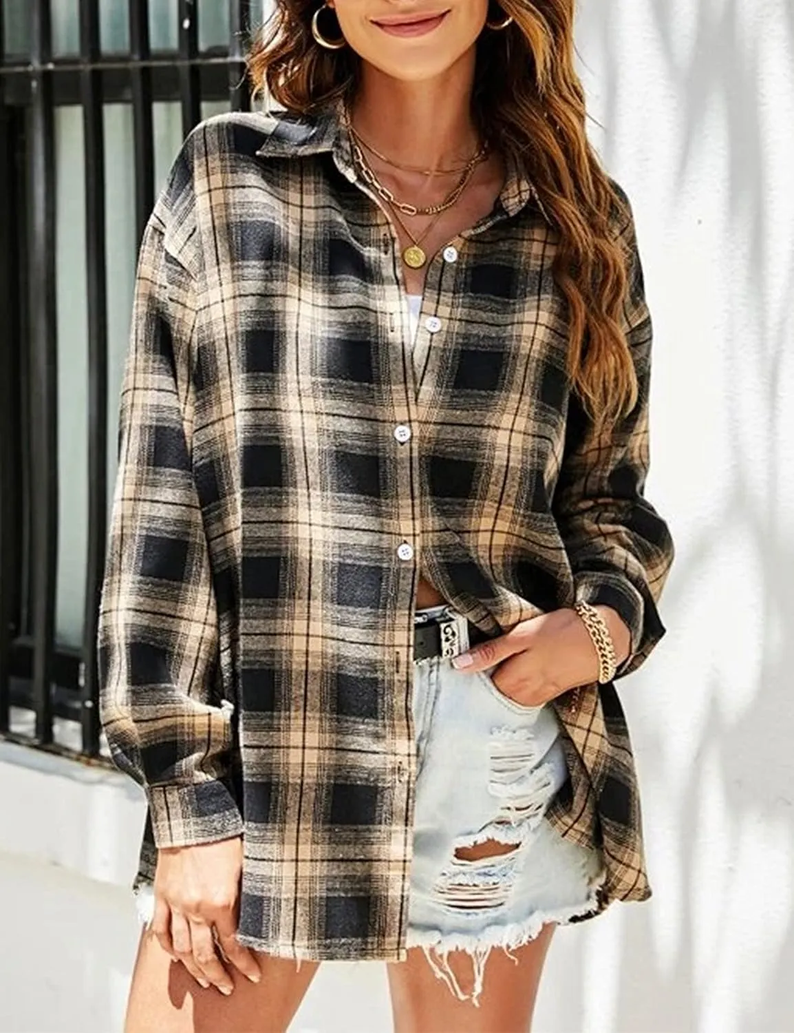 Women's Lightweight Flannel Plaid Button Down Shirts Oversized Long Sleeve Shacket Jacket Tops