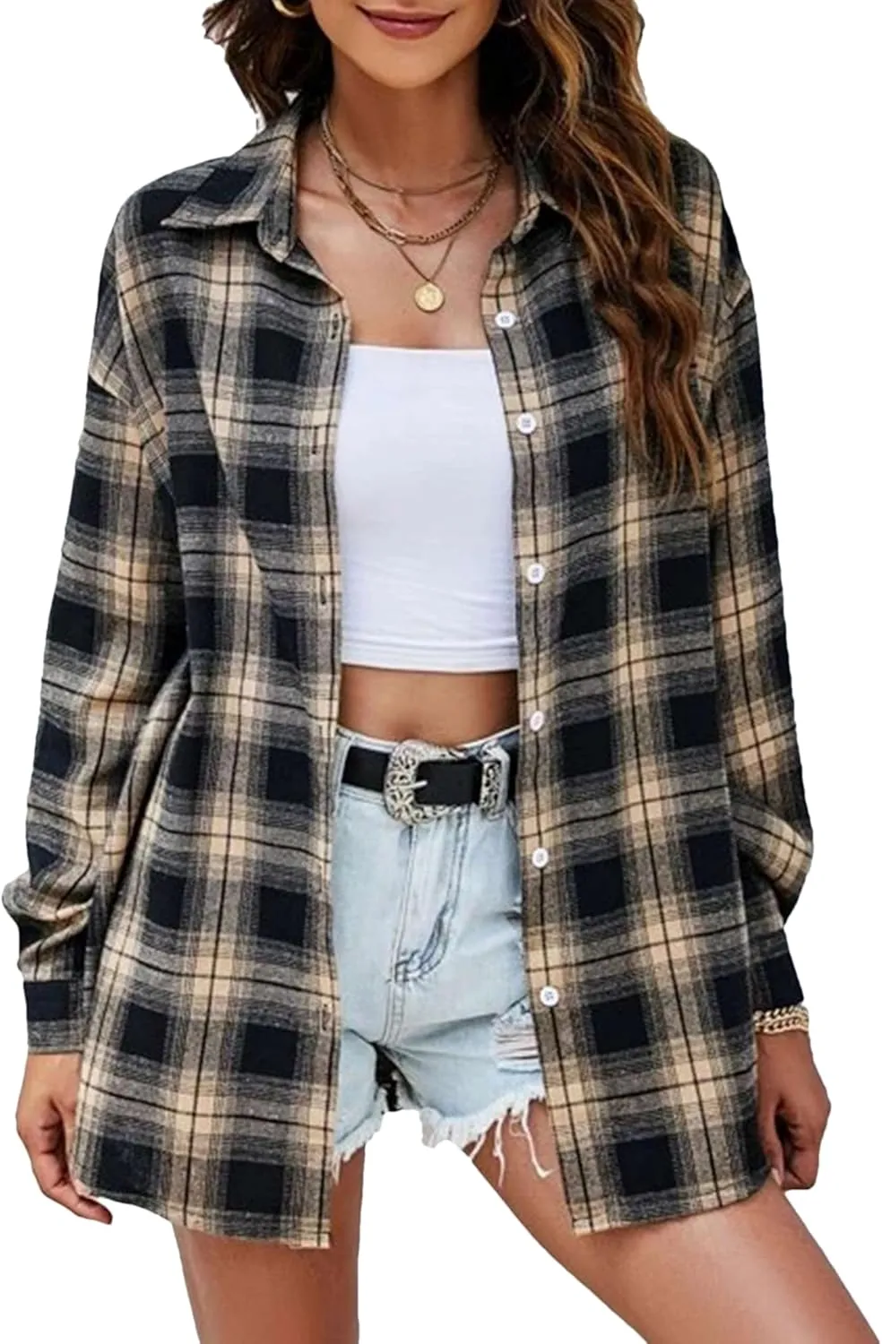 Women's Lightweight Flannel Plaid Button Down Shirts Oversized Long Sleeve Shacket Jacket Tops