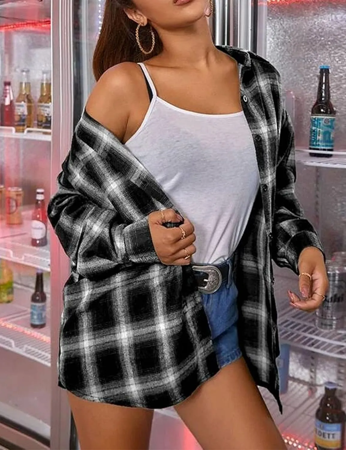 Women's Lightweight Flannel Plaid Button Down Shirts Oversized Long Sleeve Shacket Jacket Tops