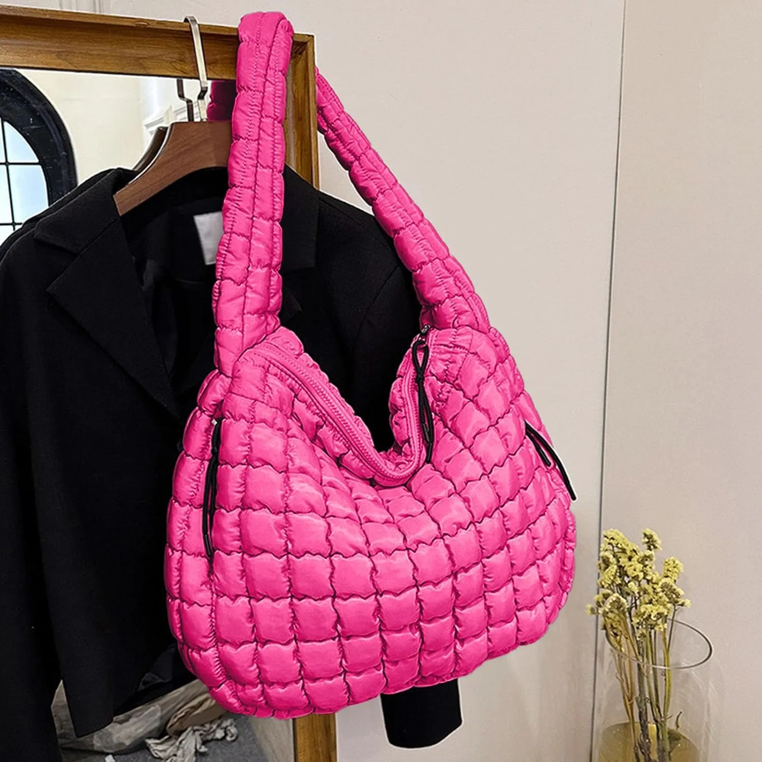 Womens Lightweight Quilted Carryall Gym Bag Soft Puffer Tote Bag Big Capacity Hobo Purse Beach Handbag