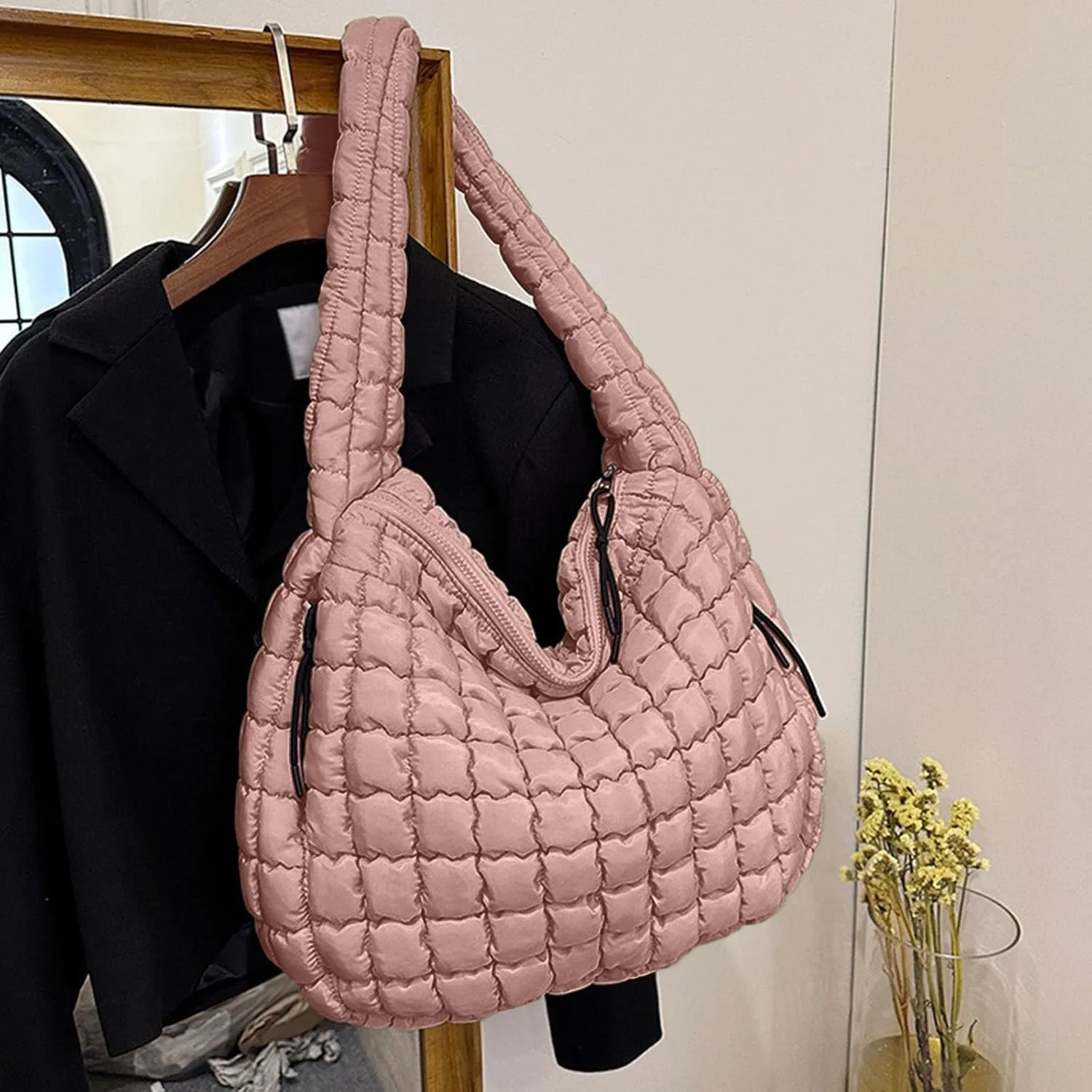 Womens Lightweight Quilted Carryall Gym Bag Soft Puffer Tote Bag Big Capacity Hobo Purse Beach Handbag