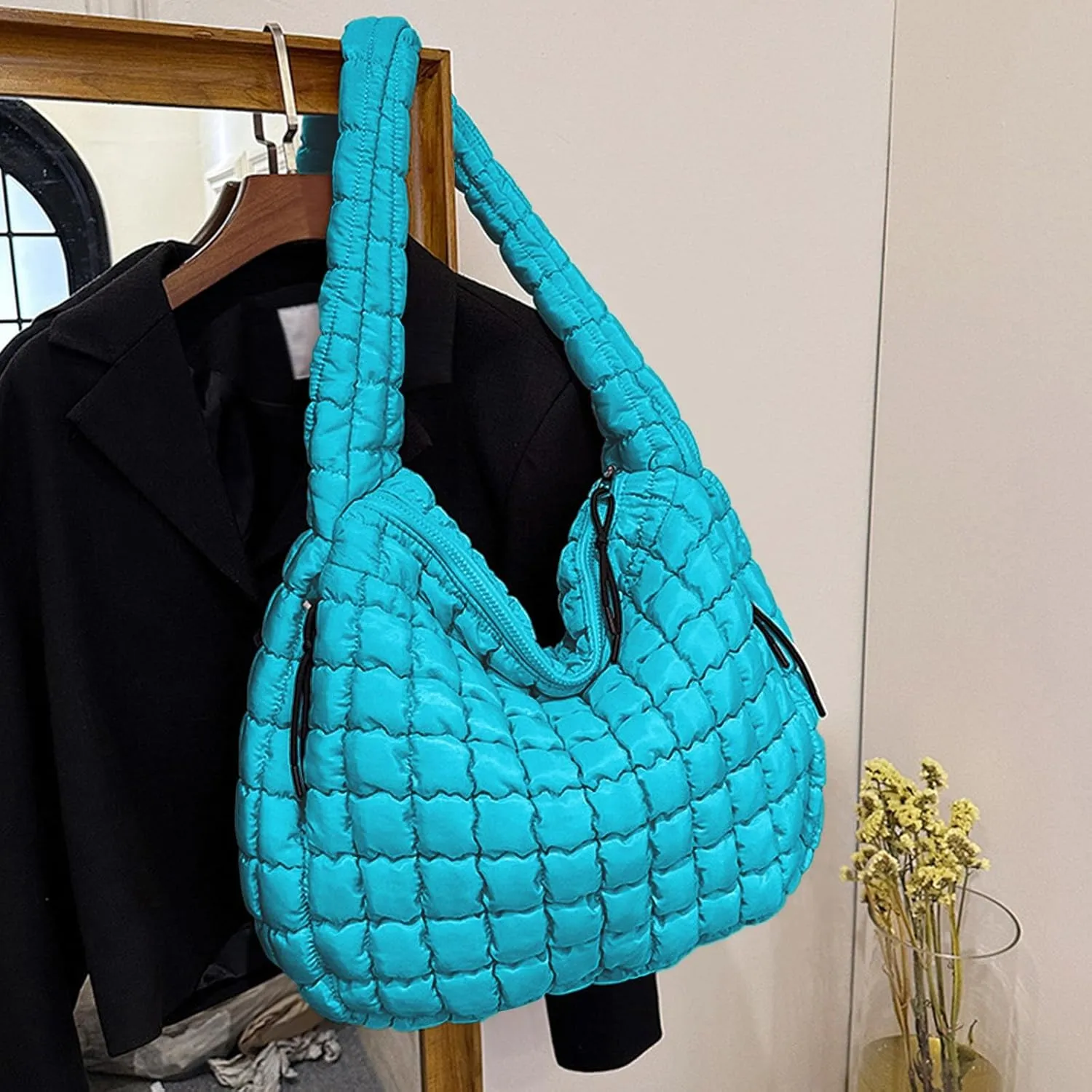Womens Lightweight Quilted Carryall Gym Bag Soft Puffer Tote Bag Big Capacity Hobo Purse Beach Handbag
