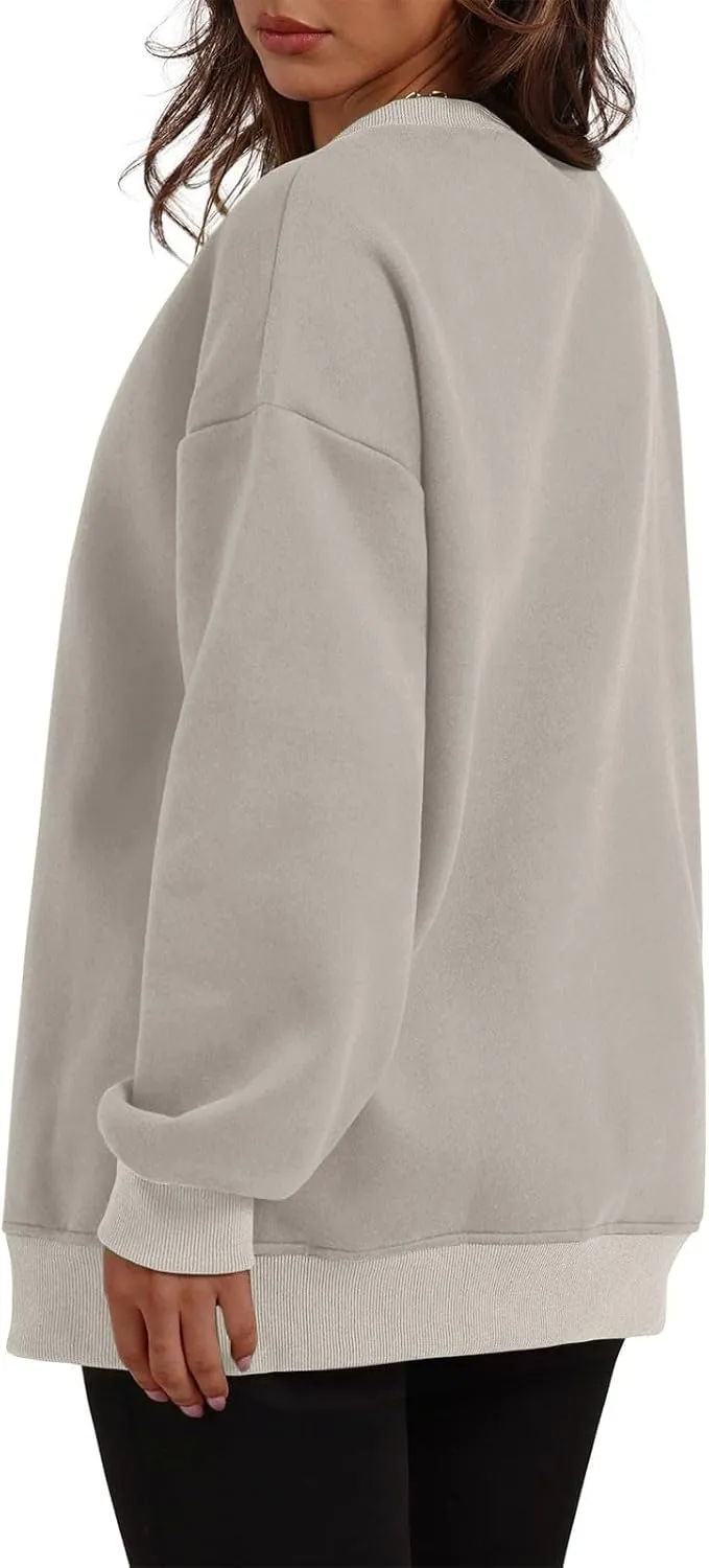 Womens Loose Fitting Sweatshirts Fleece Solid Color Hoodie Round-neck Long Sleeve Pullover Side Split Pocket Tops
