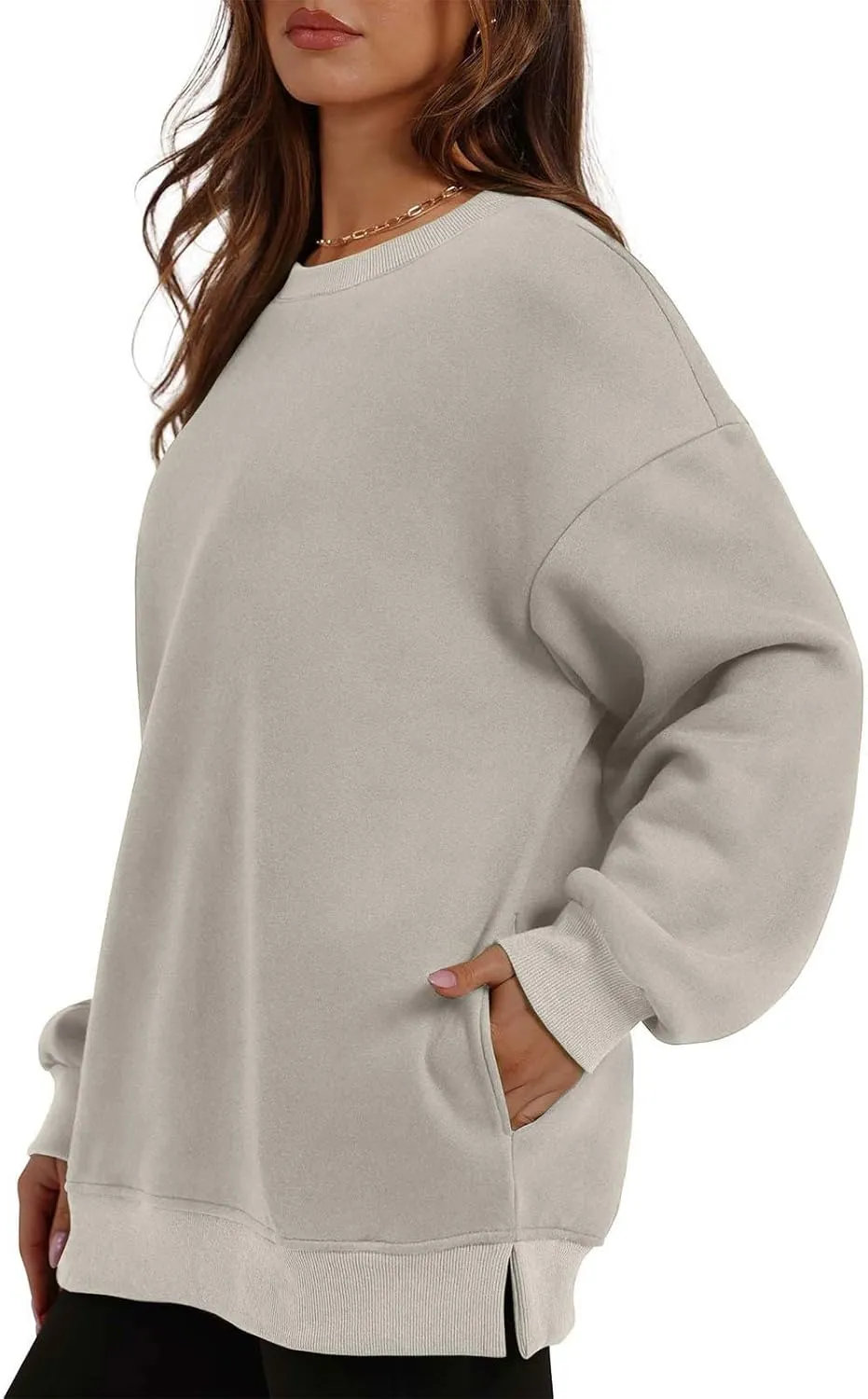 Womens Loose Fitting Sweatshirts Fleece Solid Color Hoodie Round-neck Long Sleeve Pullover Side Split Pocket Tops