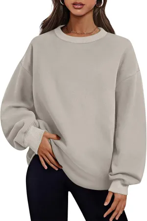 Womens Loose Fitting Sweatshirts Fleece Solid Color Hoodie Round-neck Long Sleeve Pullover Side Split Pocket Tops