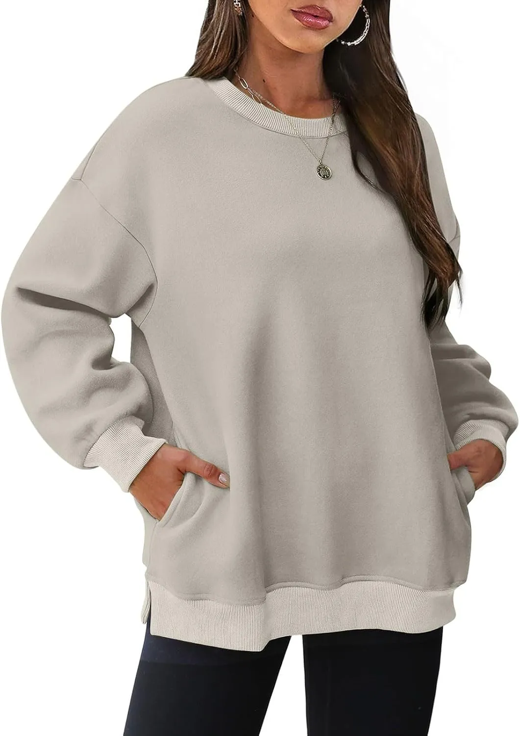 Womens Loose Fitting Sweatshirts Fleece Solid Color Hoodie Round-neck Long Sleeve Pullover Side Split Pocket Tops