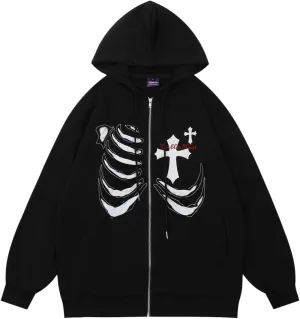 Womens Men Y2K Zip Up Sweatshirt Hoodies Cross Graphic Hood Long Sleeve 90S E-Girl Vintage Retro Harajuku Streetwear