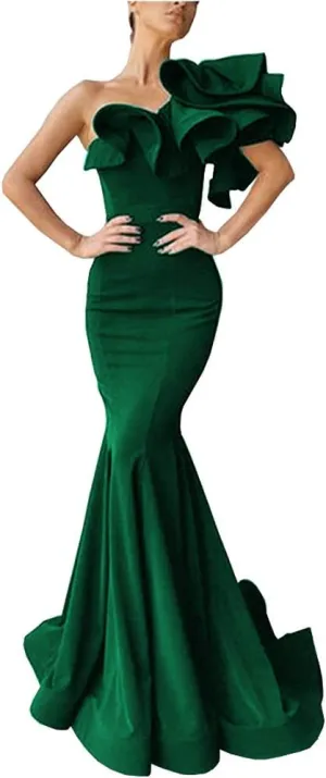 Women's Mermaid One Shoulder Ruffles Prom Dresses Evening Gowns