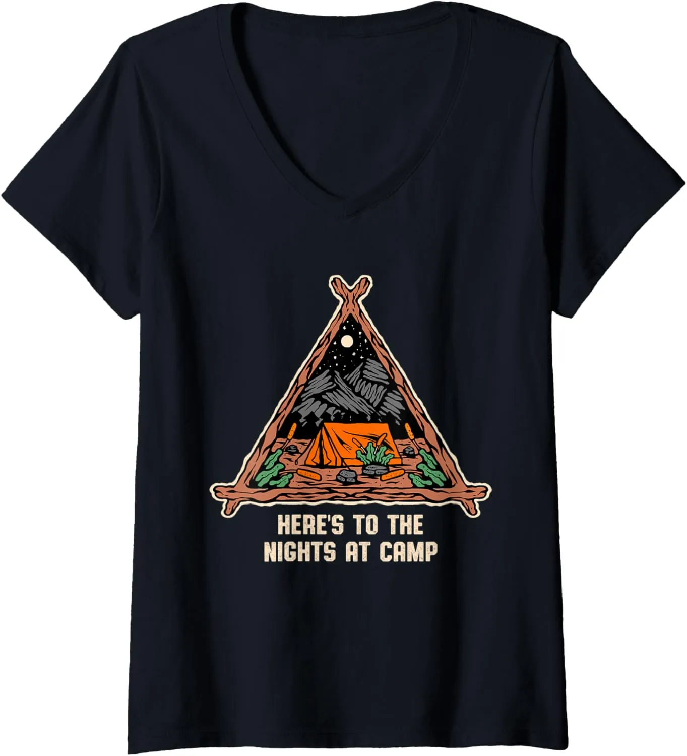 Womens Nights at Camp Camping Forest Camper Jungle Vacation Holiday V-Neck T-Shirt