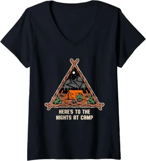 Womens Nights at Camp Camping Forest Camper Jungle Vacation Holiday V-Neck T-Shirt