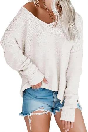 Women’s Off Shoulder Knit Sweaters Oversized V Neck Long Sleeve Loose Lightweight Pullover Tops
