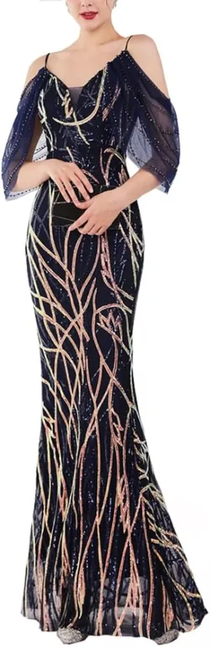 Women's Off Shoulder Sequins Floor-Length Mermaid Evening Dress