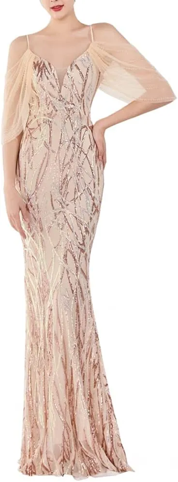 Women's Off Shoulder Sequins Floor-Length Mermaid Evening Dress
