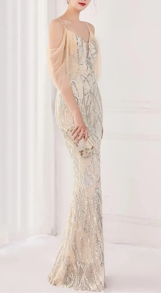 Women's Off Shoulder Sequins Floor-Length Mermaid Evening Dress