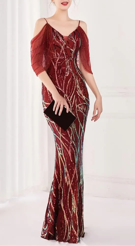 Women's Off Shoulder Sequins Floor-Length Mermaid Evening Dress