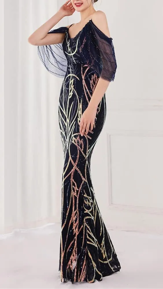 Women's Off Shoulder Sequins Floor-Length Mermaid Evening Dress