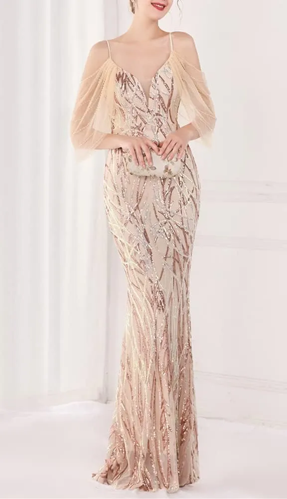 Women's Off Shoulder Sequins Floor-Length Mermaid Evening Dress