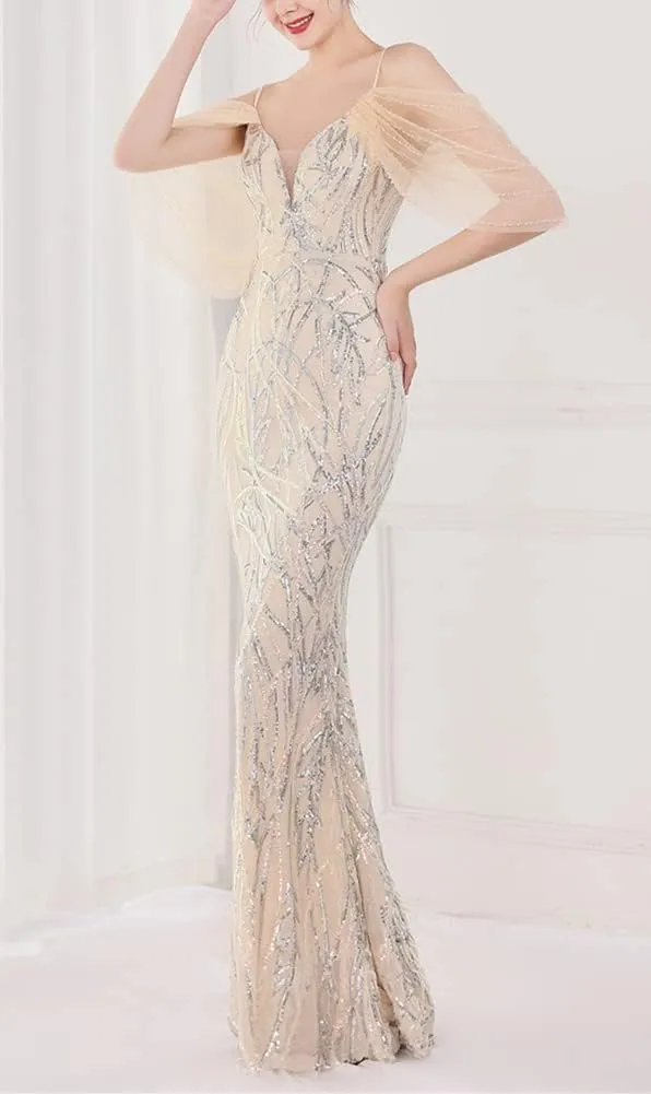 Women's Off Shoulder Sequins Floor-Length Mermaid Evening Dress