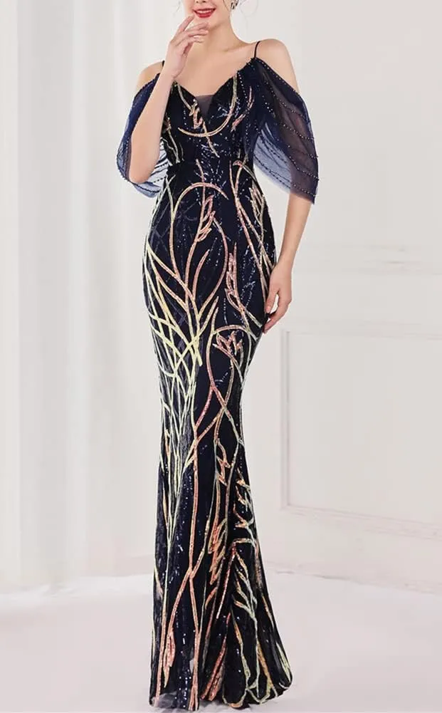Women's Off Shoulder Sequins Floor-Length Mermaid Evening Dress