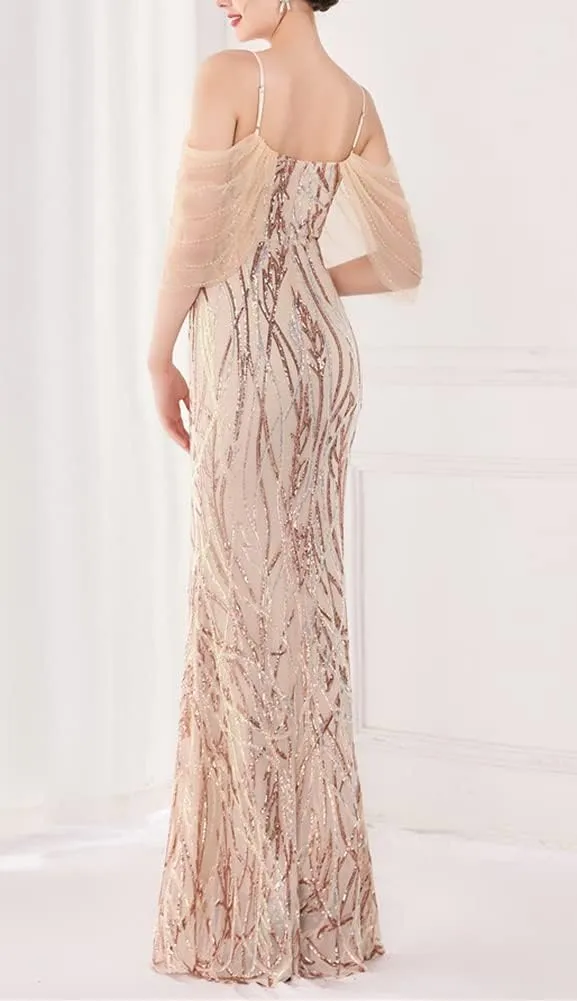 Women's Off Shoulder Sequins Floor-Length Mermaid Evening Dress