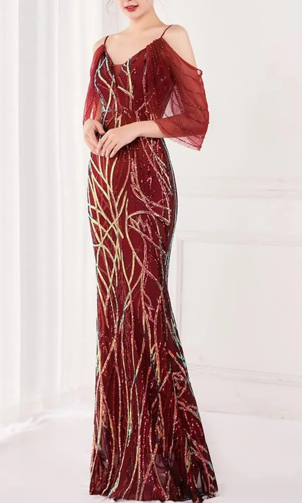Women's Off Shoulder Sequins Floor-Length Mermaid Evening Dress