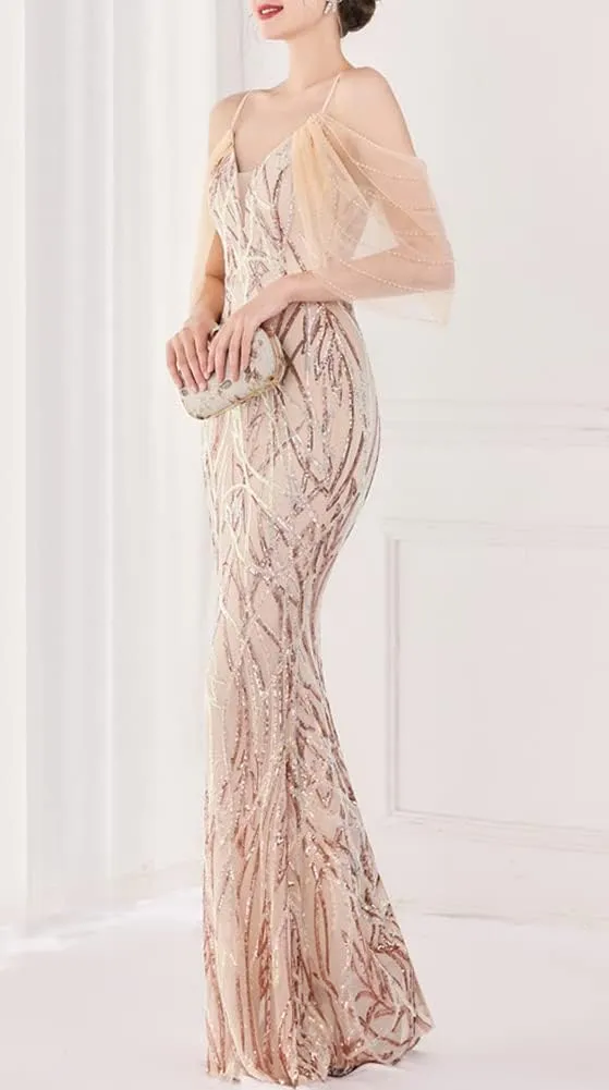 Women's Off Shoulder Sequins Floor-Length Mermaid Evening Dress