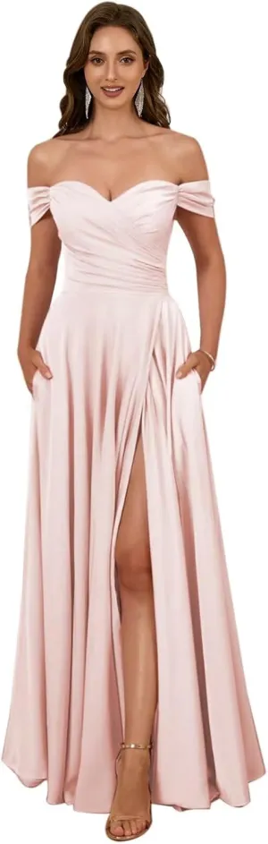 Women's Off The Shoulder Bridemaid Dresses Satin Formal Dress Maxi Evening Gown
