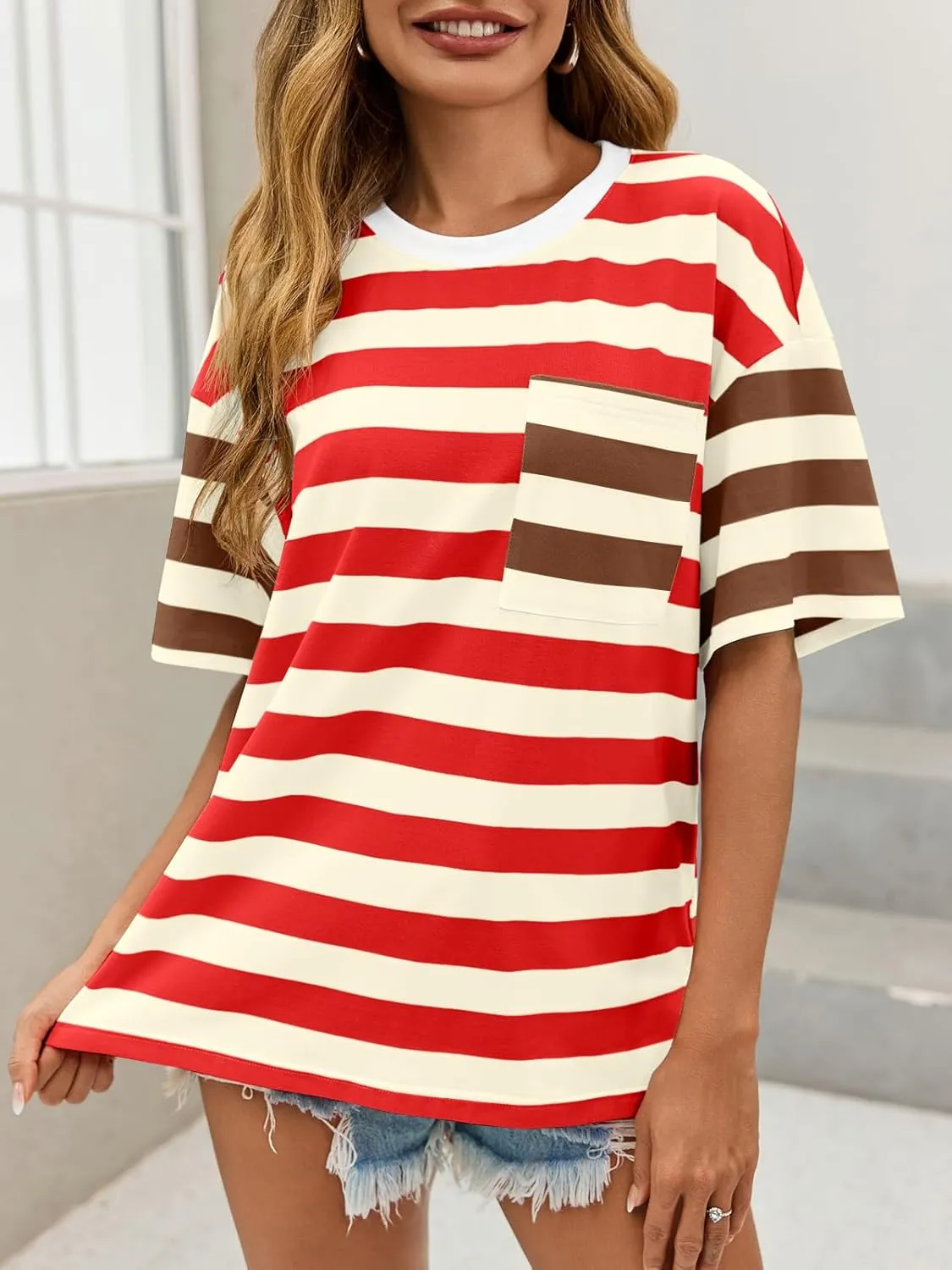 Womens Oversized Color Block Striped Tshirts Summer Casual Short Sleeve Tops Loose Fit Crew Neck Shirts