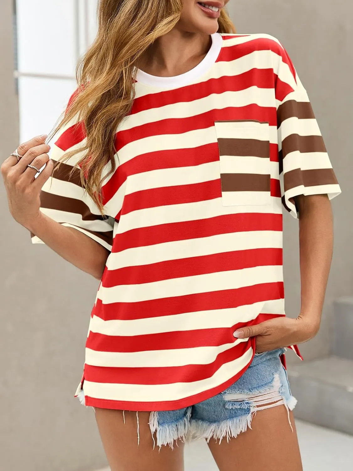 Womens Oversized Color Block Striped Tshirts Summer Casual Short Sleeve Tops Loose Fit Crew Neck Shirts