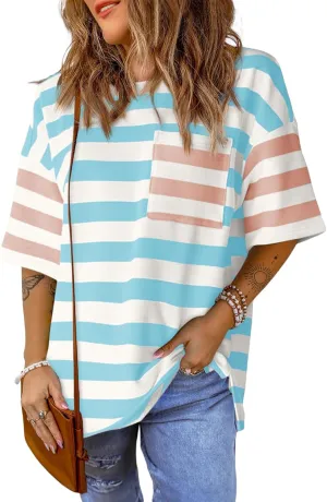 Womens Oversized Color Block Striped Tshirts Summer Casual Short Sleeve Tops Loose Fit Crew Neck Shirts