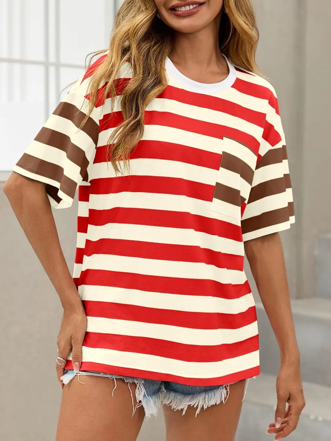Womens Oversized Color Block Striped Tshirts Summer Casual Short Sleeve Tops Loose Fit Crew Neck Shirts