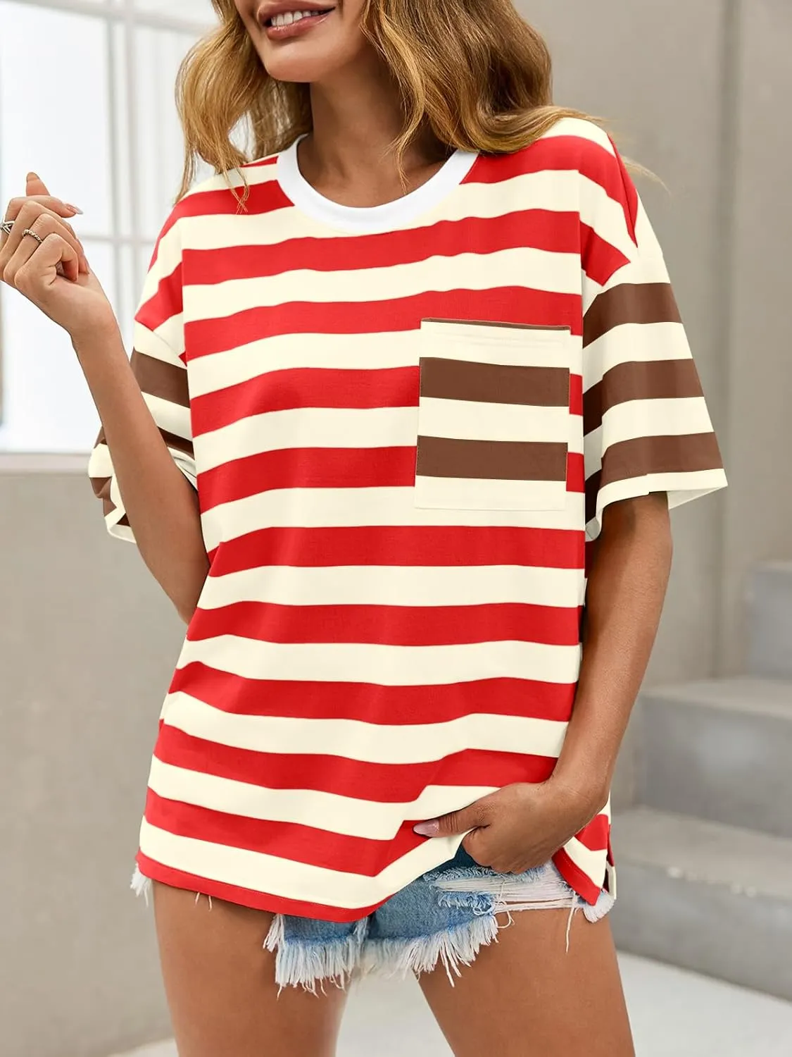 Womens Oversized Color Block Striped Tshirts Summer Casual Short Sleeve Tops Loose Fit Crew Neck Shirts