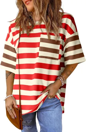 Womens Oversized Color Block Striped Tshirts Summer Casual Short Sleeve Tops Loose Fit Crew Neck Shirts