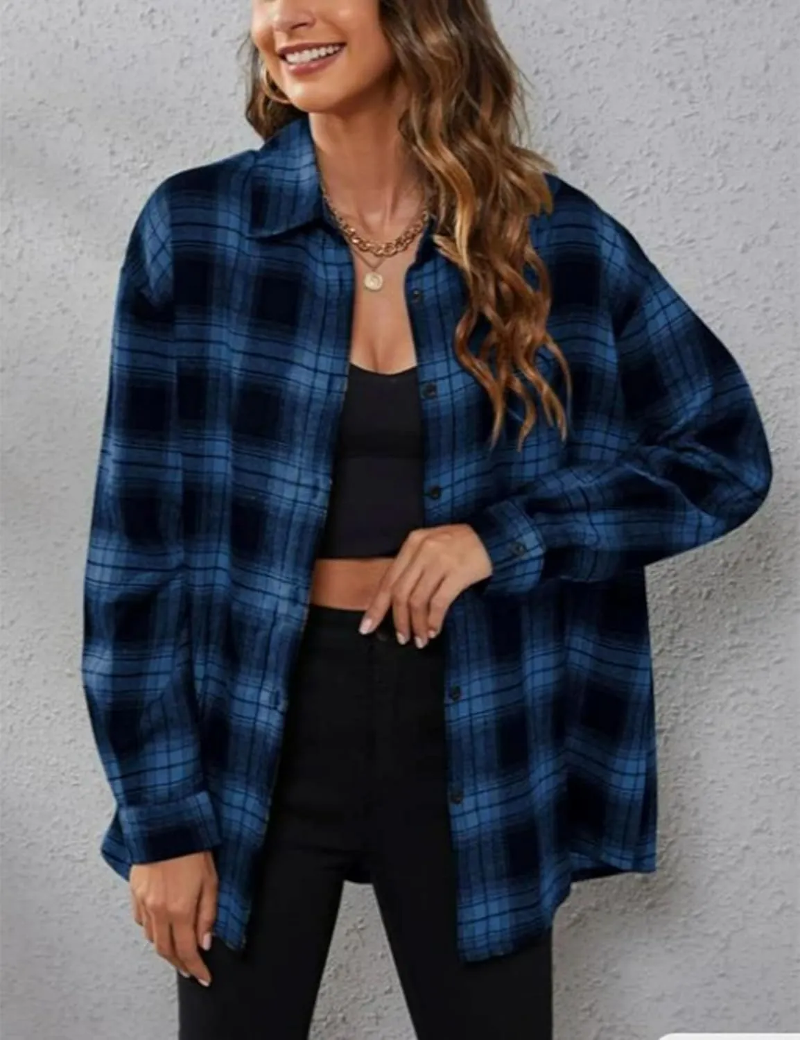 Womens Oversized Flannel Plaid Shirts Casual Button Down Blouse Tops with Pockets