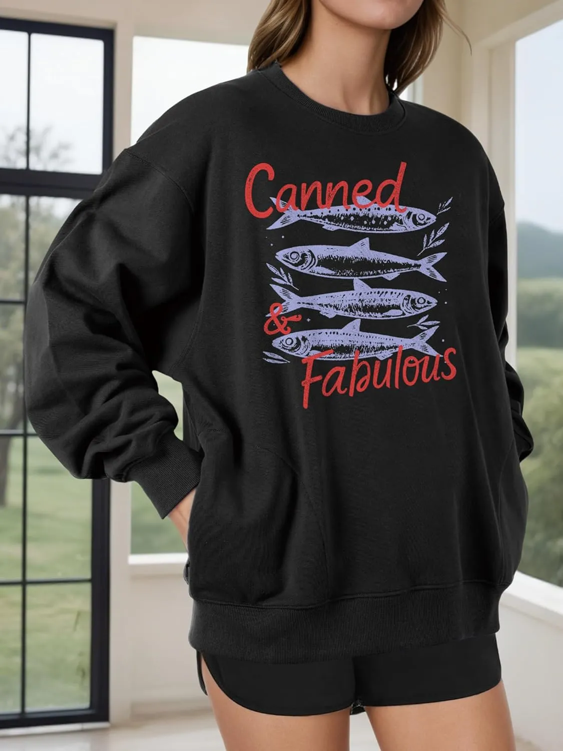 Women's Oversized Graphic Crew Neck Long Sleeve Pullover Casual Loose Fit Sweatshirt with Pockets