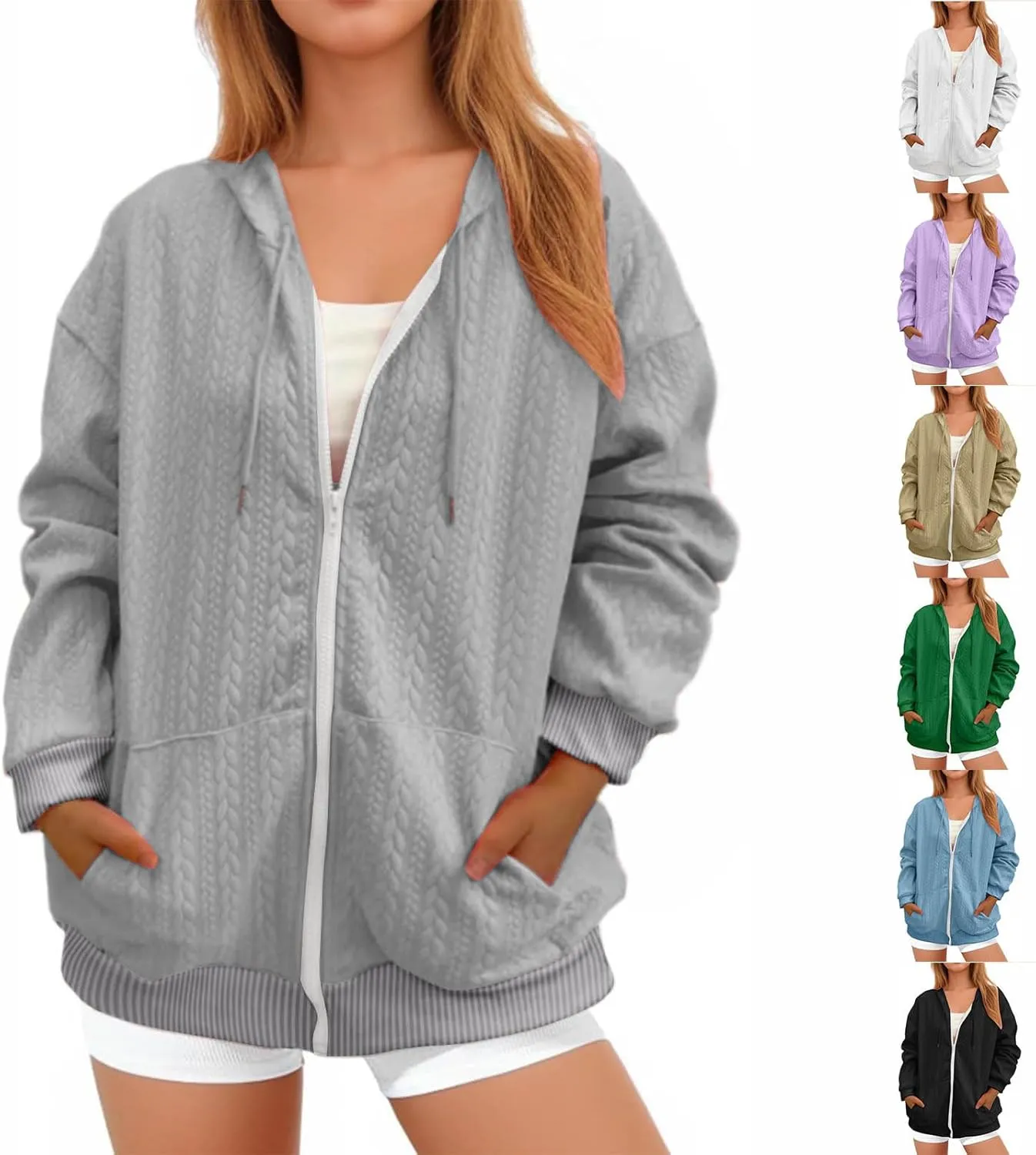 Womens Oversized Sweatshirt 2024 Zip Front Long Sleeve Hooded Knit Cardigan Sweater Solid Color Outwear Coat