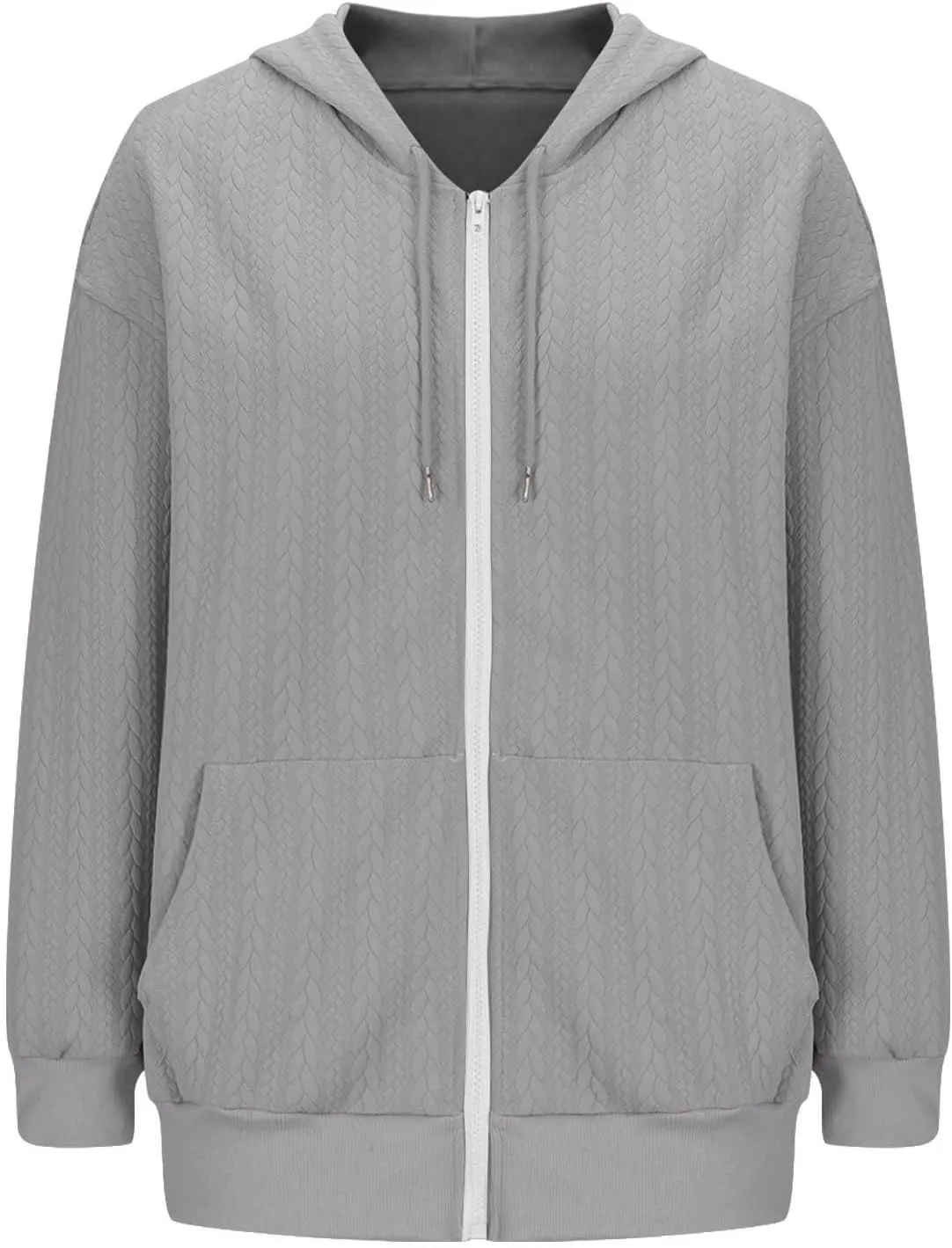 Womens Oversized Sweatshirt 2024 Zip Front Long Sleeve Hooded Knit Cardigan Sweater Solid Color Outwear Coat