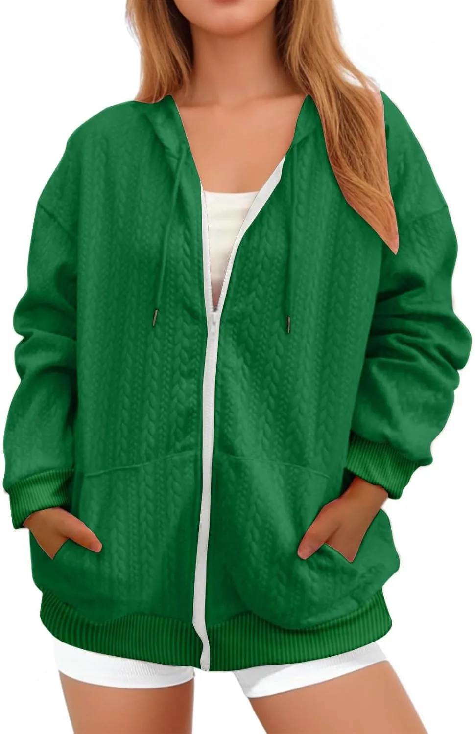Womens Oversized Sweatshirt 2024 Zip Front Long Sleeve Hooded Knit Cardigan Sweater Solid Color Outwear Coat