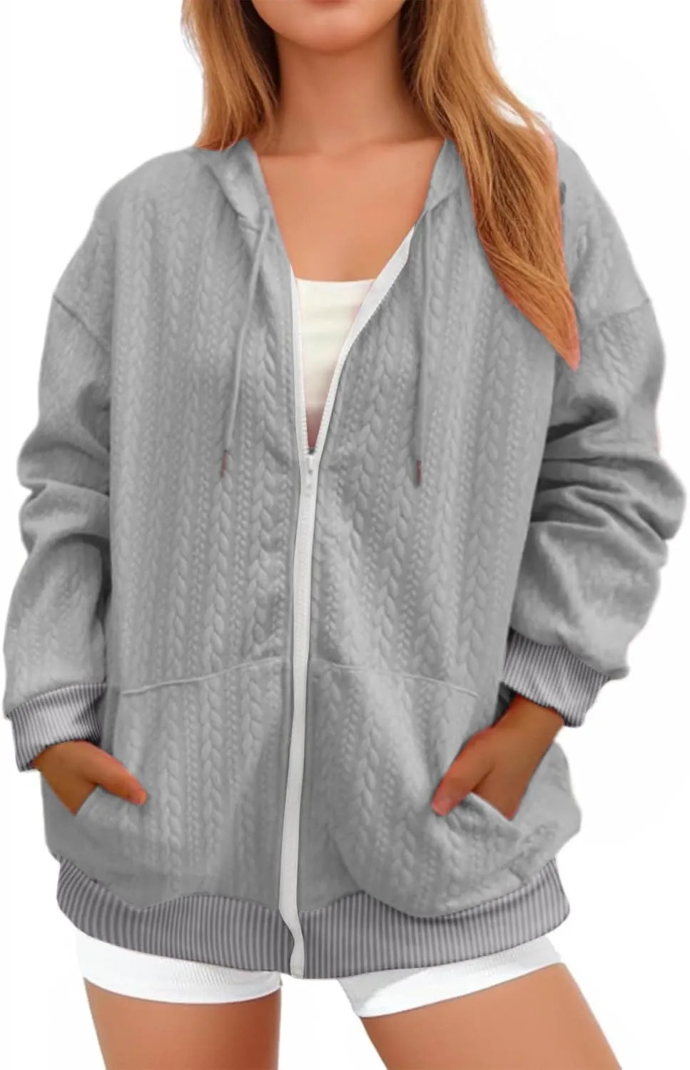 Womens Oversized Sweatshirt 2024 Zip Front Long Sleeve Hooded Knit Cardigan Sweater Solid Color Outwear Coat