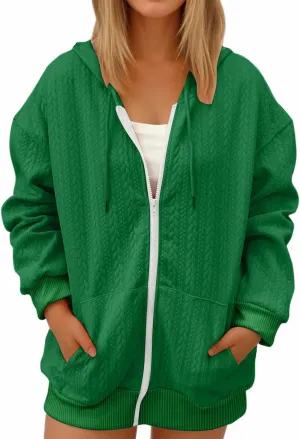 Womens Oversized Sweatshirt 2024 Zip Front Long Sleeve Hooded Knit Cardigan Sweater Solid Color Outwear Coat