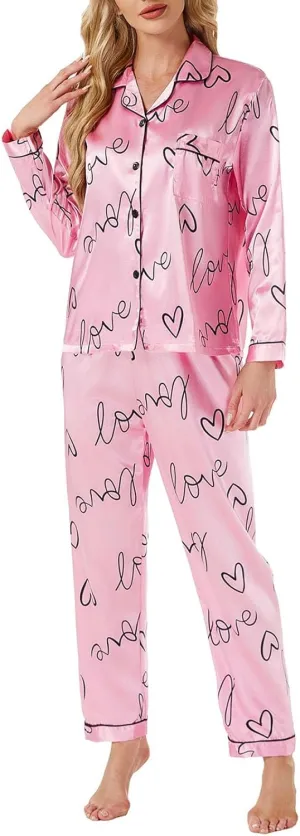Womens Pajamas Set Stripe Simulated Silk Lapel Button Long Sleeve Shirt Straight Leg Trousers Casual Loose Comfy Set
