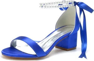 Women's Pearl Wedding Shoes for Bride - Low Block Heels Satin Bridal Prom Party Shoes 702-27